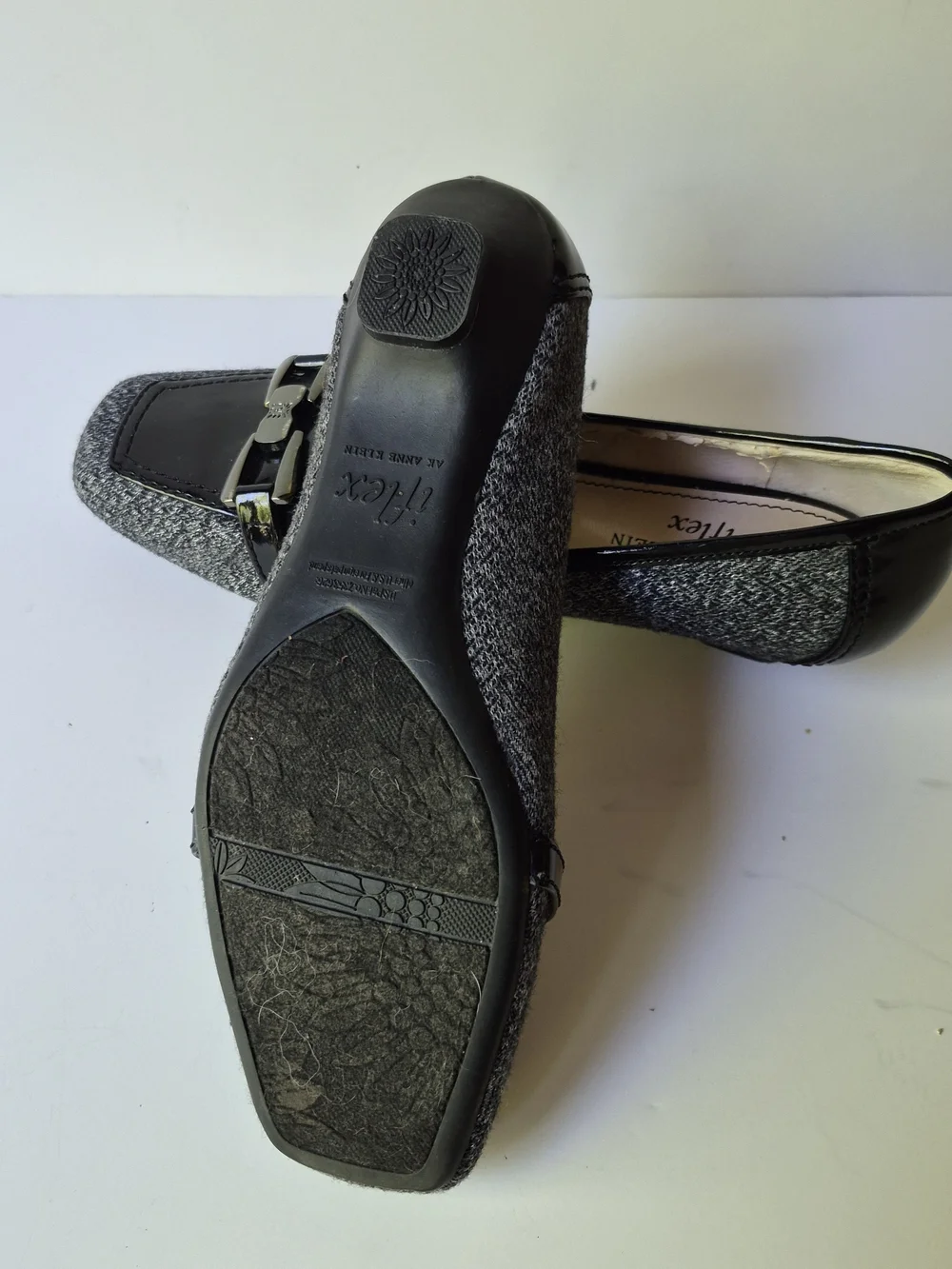 Anne Klein Black Patent & Gray Tweed Loafers